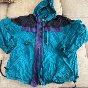 Vintage 1980s Out Brook Colorblock Windbreaker Jacket Hooded | Teal Purple Navy